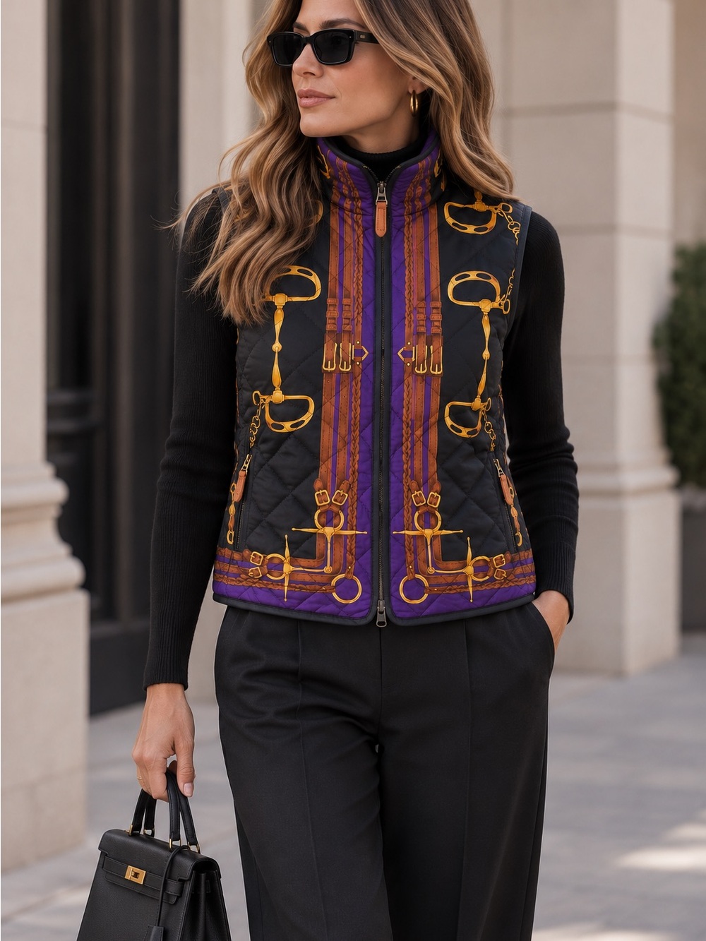 Lauren Ralph Lauren Black & Purple Reversible Quilted Equestrian-Print Vest